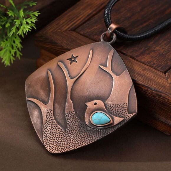 Jewelry - Rustic Bird Tree Pendant Necklace Turquoise Inlay